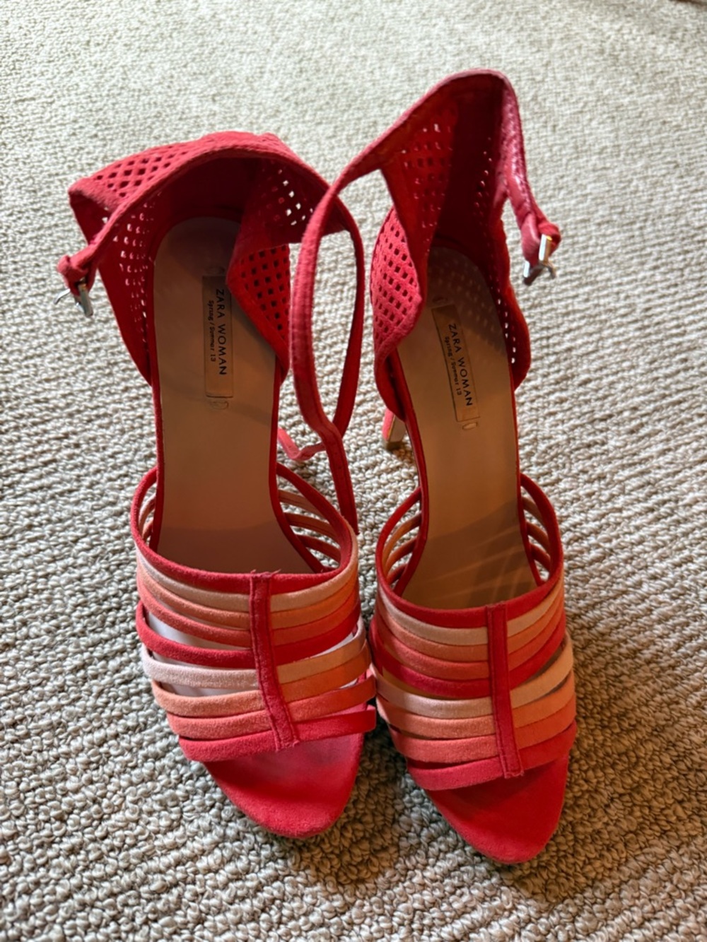 Zara Coral-Pink Multi-Striped Heeled Sandals